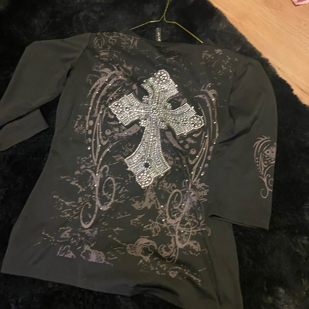 Black Long Sleeve Top with Rhinestone Cross